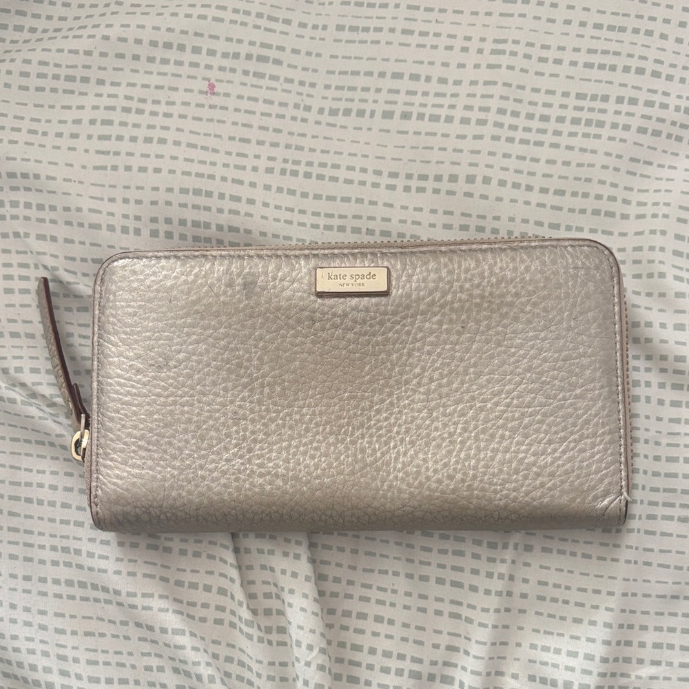 kate spade Metallic Taupe Pebbled Zip-Around Wallet